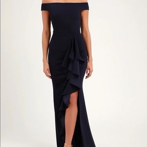 Mila Navy Blue Ruffled Off-the-Shoulder Maxi Dress